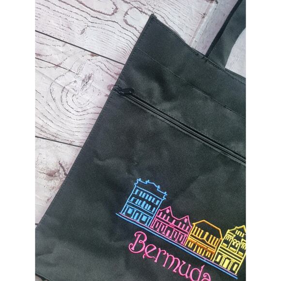 Embroidered Bermuda Black Tote Bag 14x14x4.5 Inches - Picture 3 of 8